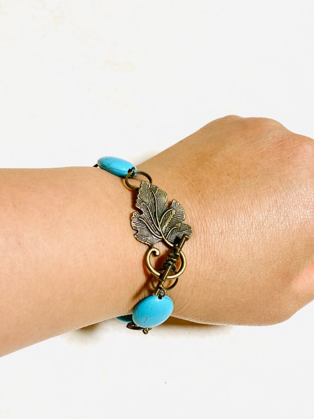 2/$20, Blue Dyed Howlite Bracelet, Genuine Gemstone & Bronze Grape Leaf Toggle - Picture 9 of 11